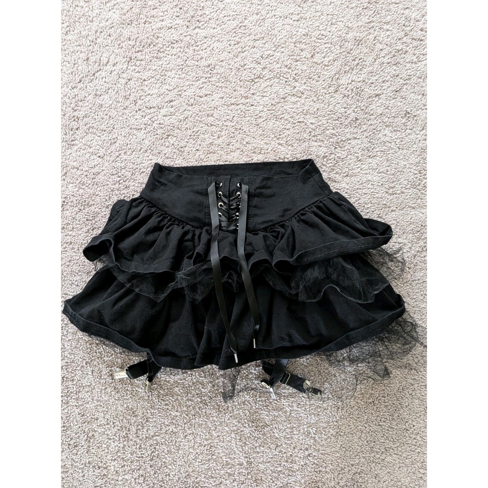 Widow Dolls Kill Black Garter Mini Skirt XS Goth Tulle Ruffle Lace Up Corset Y2K